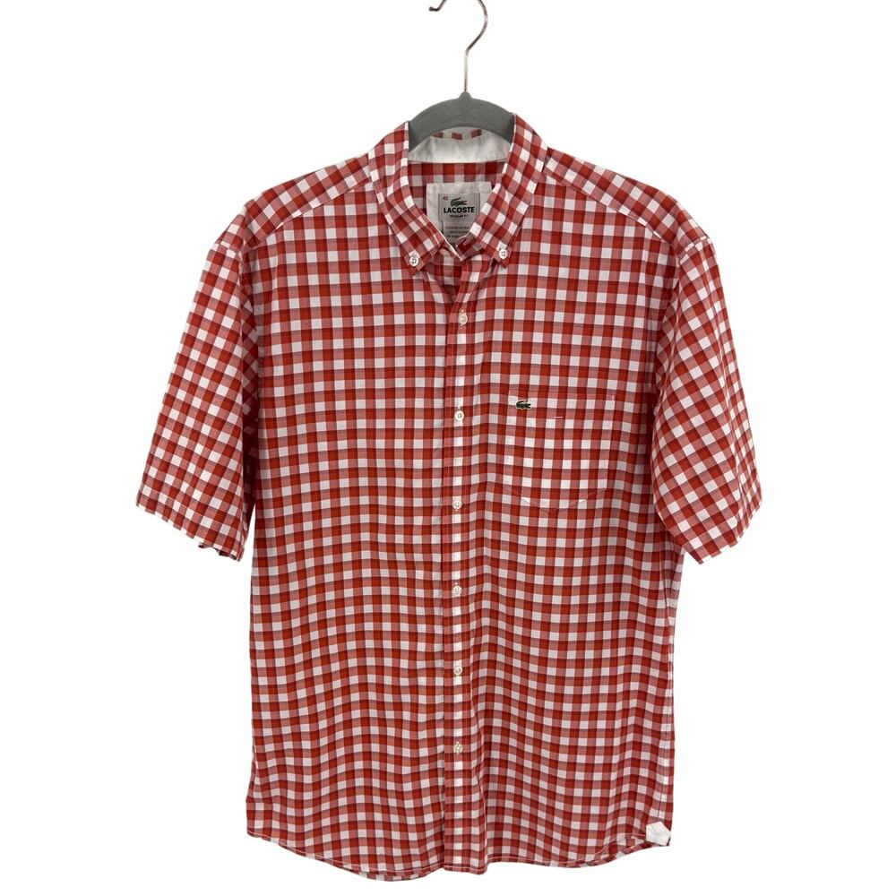 Lacoste Mens Shirt Size 40 / US Medium Red White Checkered Button Up Cotton